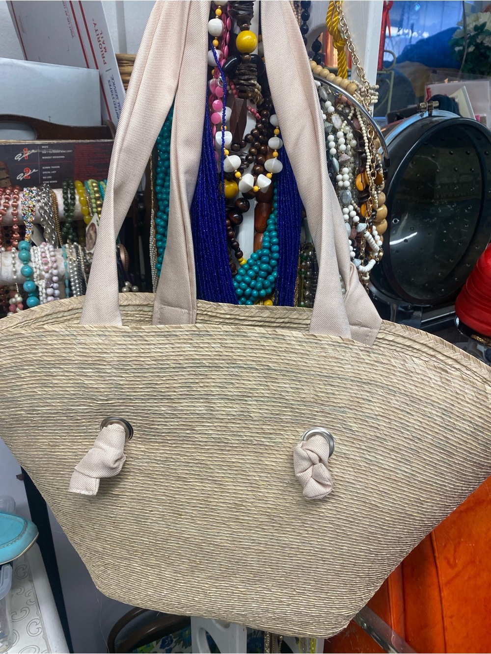 Beige Straw Tote with Fabric Handles -Resort Bag
